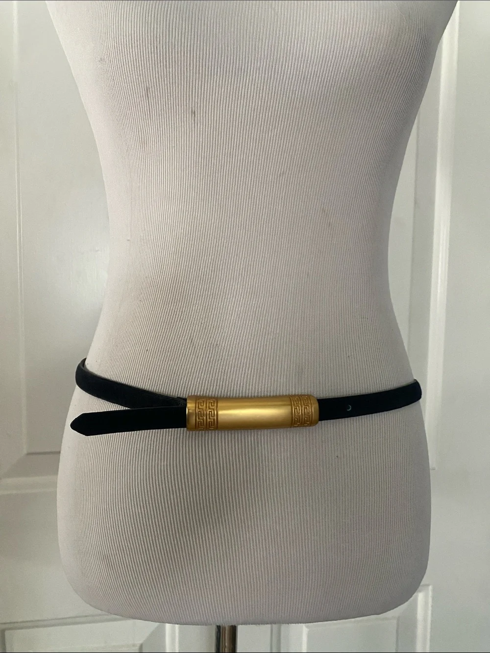 Vintage JG Hook Deep Navy /Black Leather Belt with Gold Sculptural Belt Buckle L